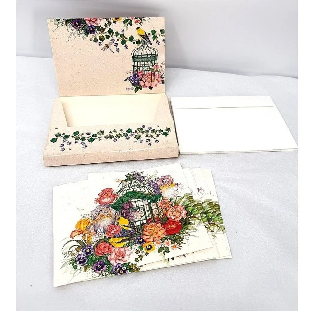 VTG Blank Note Cards Sunrise Cyndy Callog Birdcage Flowers Stationery Bird Art